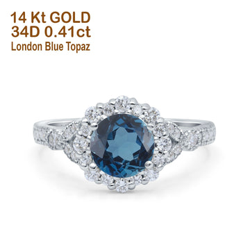 14K White Gold 1.25ct Floral Art Deco Round 6mm G SI London Blue Topaz Diamond Engagement Wedding Ring Size 6.5